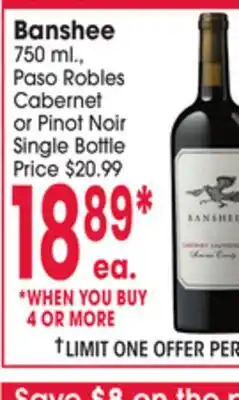 Jewel-Osco Banshee 750 ml., Paso Robles Cabernet or Pinot Noir offer