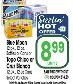 Jewel-Osco Blue Moon 12 pk., 12 oz. Bottles or Cans or Topo Chico or Cruz Blanca 12 pk., 12 oz Cans offer