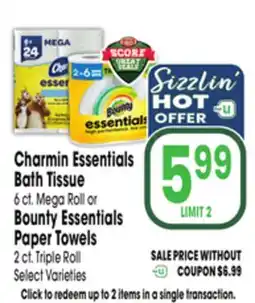 Jewel-Osco Charmin Essentials Bath Tissue 6 ct. Mega Roll or Bounty Essentials Paper Towels 2 ct. Triple Roll offer