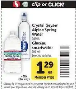 Safeway Crystal Geyser Alpine Spring Water / Glacéau smartwater offer