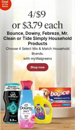 Walgreens Bounce, Downy, Febreze, Mr. Clean or Tide Simply Household Products offer