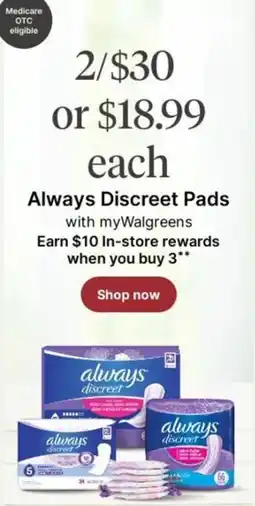 Walgreens Always Discreet Pads offer