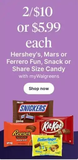 Walgreens Hershey's, Mars or Ferrero Fun, Snack or Share Size Candy offer