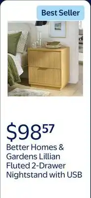 Walmart Better Homes & Gardens Lillian Fluted 2-Drawer Nightstand with USB, Natural Pine offer