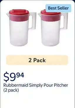 Walmart (2 pack) Rubbermaid Simply Pour Clear/Red Pitcher Plastic 1 gal offer