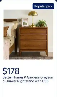 Walmart Better Homes & Gardens Greyson 3-Drawer Nightstand with USB, Acorn Finish offer