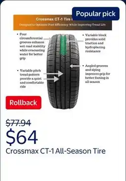 Walmart Crossmax 215/60R16 95V CT-1 All-Season Tire Fits: 2011-15 Chevrolet Cruze LT, 2012 Nissan Altima SL offer