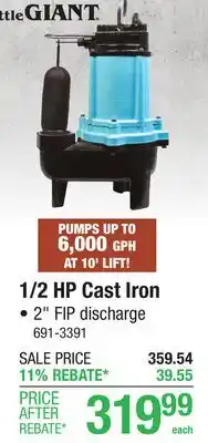 Menards Little GIANT 1/2 HP Cast Iron SUBMERSIBLE SEWAGE PUMPS offer