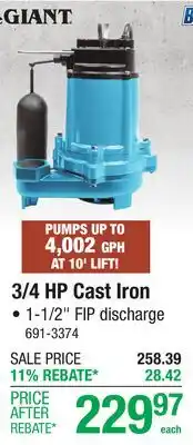 Menards LITTLE GIANT 3/4 HP Cast Iron SUBMERSIBLE SUMP PUMPS offer