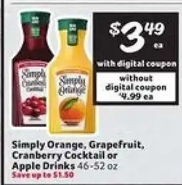 Winn Dixie Simply Orange, Grapefruit, Cranberry Cocktail or Apple Drinks offer