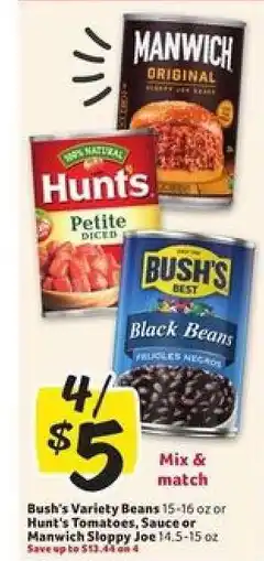 Winn Dixie Bush's Variety Beans, Hunt's Tomatoes, Sauce or Manwich Sloppy Joe offer