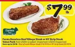 Winn Dixie Farms Boneless Beef Ribeye Steak or NY Strip Steak offer