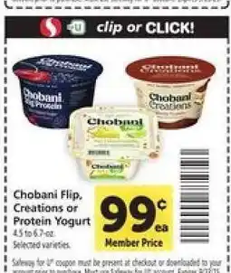 Safeway Chobani Flip, Creations or Protein Yogurt offer
