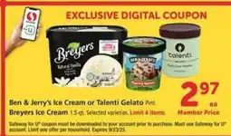 Safeway Ben & Jerry's Ice Cream or Talenti Gelato offer