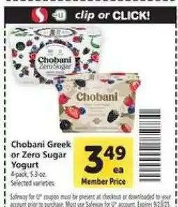 Safeway Chobani Greek or Zero Sugar Yogurt offer