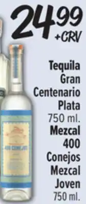El Super Tequila Gran Centenario Plata, 750ml. Mezcal 400 Conejos Mezcal Joven 750ml offer