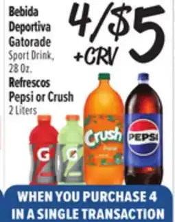 El Super Gatorade Sport Drink, 28 Oz., Pepsi or Crush 2 Liters offer