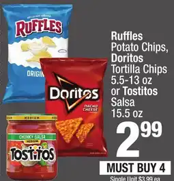 Super King Markets Ruffles Potato Chips, Doritos Tortilla Chips 5.5-13 oz or Tostitos Salsa 15.5 oz offer