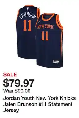 Dick's Sporting Goods Jordan Youth New York Knicks Jalen Brunson #11 Statement Jersey offer
