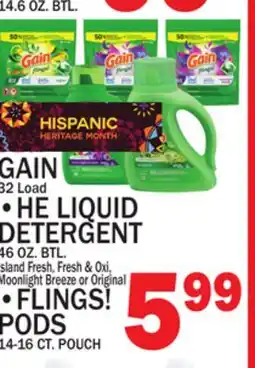 C Town GAIN 32 Load, HE LIQUID DETERGENT 46 OZ. BTL. Fresh Oxi FLINGS! PODS offer