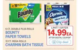Kings Food Markets 6 CT. DOUBLE PLUS ROLLS BOUNTY PAPER TOWELS 12 CT. MEGA ROLLS CHARMIN BATH TISSUE offer
