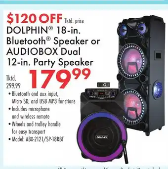 Boscov's DOLPHIN 18-in. Bluetooth Speaker or AUDIOBOX Dual 12-in. Party Speaker offer