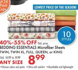 Boscov's BEDDING ESSENTIALS Microfi ber Sheets TWIN, TWIN XL, FULL, QUEEN, or KING offer