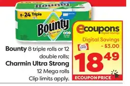 Weis Markets Bounty 8 triple rolls or 12 double rolls Charmin Ultra Strong 12 Mega rolls offer