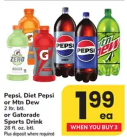 ACME Pepsi, Diet Pepsi or Mtn Dew 2 ltr. btl. or Gatorade Sports Drink 28 fl. oz. btl offer