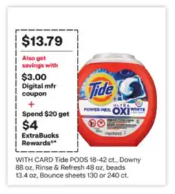 CVS Tide PODS 18-42 ct., Downy 88 oz, Rinse & Refresh 48 oz, beads 13.4 oz, Bounce sheets 130 or 240 ct offer
