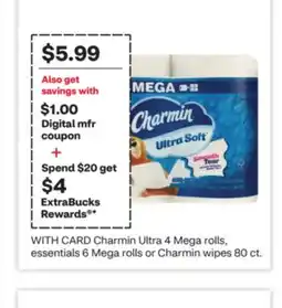 CVS Charmin Ultra 4 Mega rolls, essentials 6 Mega rolls or Charmin wipes 80 ct offer