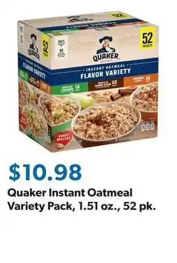 Sam's Club Quaker Instant Oatmeal Variety Pack, 1.51 oz., 52 pk offer