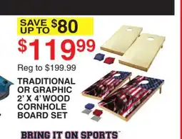 Dunham's Sports BRING IT ON SPORTS TRADITIONAL OR GRAPHIC 2' X 4' WOOD CORNHOLE BOARD SET offer