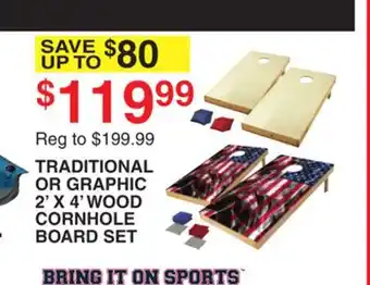 Dunham's Sports BRING IT ON SPORTS TRADITIONAL OR GRAPHIC 2' X 4' WOOD CORNHOLE BOARD SET offer