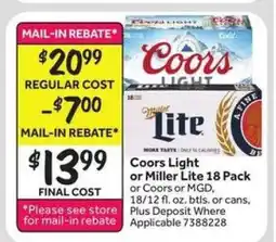 Stop&Shop Coors Light or Miller Lite 18 Pack offer