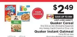 ShopRite Quaker Cereal or Quaker Instant Oatmeal offer