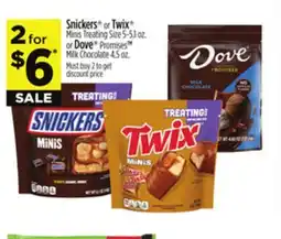 Dollar General Snickers or Twix Minis Treating or Dove Promises Milk Chocolate offer