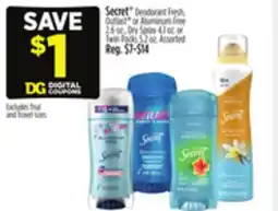 Dollar General Secret Deodorant Fresh, Outlast or Aluminum Free, Dry Spray or Twin Packs offer