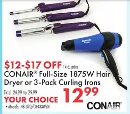 Boscov's CONAIR Full-Size 1875W Hair Dryer or 3-Pack Curling Irons offer