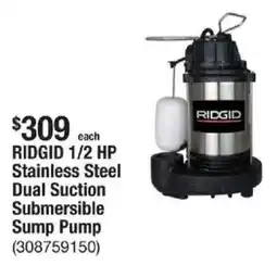 The Home Depot RIDGID 1/2 HP Stainless Steel Dual Suction Submersible Sump Pump offer