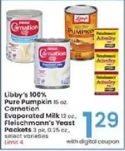 Albertsons Libby's 100% Pure Pumpkin,Carnation Evaporated Milk, Fleischmann's Yeast Packets offer