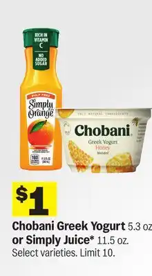 Meijer Chobani Greek Yogurt 5.3 oz. or Simply Juice* 11.5 oz offer
