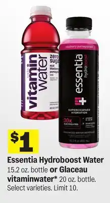 Meijer Essentia Hydroboost Water 15.2 oz. bottle or Glaceau vitaminwater* 20 oz. bottle offer
