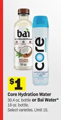 Meijer Core Hydration Water 30.4 oz. bottle or Bai Water 18 oz. bottle offer