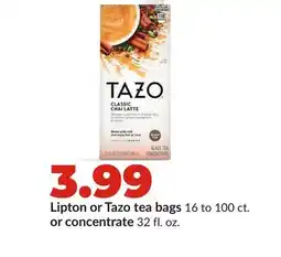 Hy-Vee Lipton or Tazo tea bags 16 to 100 ct. or concentrate 32 fl. oz offer