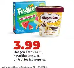 Hy-Vee Häagen-Dazs 14 oz., novelties 3 to 6 ct. or Frollies ice pops ct offer
