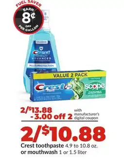Hy-Vee Crest toothpaste 4.9 to 10.8 oz. or mouthwash 1 or 1.5 liter offer