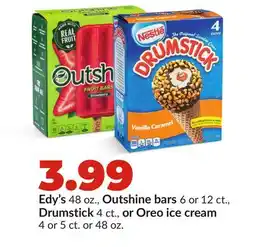 Hy-Vee Edy's 48 oz., Outshine bars 6 or 12 ct., Drumstick 4 ct., or Oreo ice cream 4 or 5 ct. or 48 oz offer