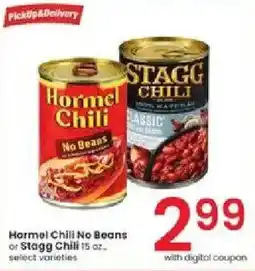 Albertsons Hormel chili no beans or stagg chili offer