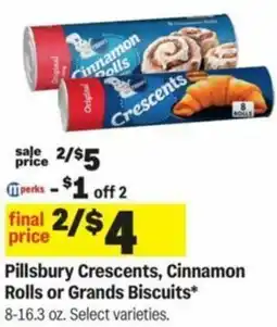 Meijer Pillsbury Crescents, Cinnamon Rolls or Grands Biscuits offer